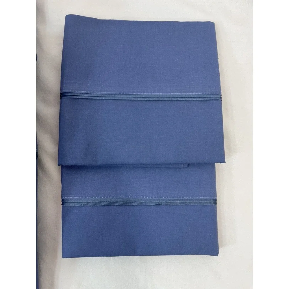 Vintage Solid Blue Twin Sheet‎ Set Satin Trim Fitted, Flat, 2 Pillowcases